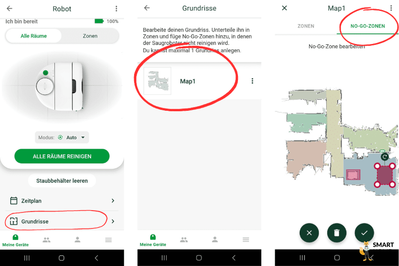 No-Go-Zonen werden in der MyKobold App des Vorwerk VR7 eingerichtet.